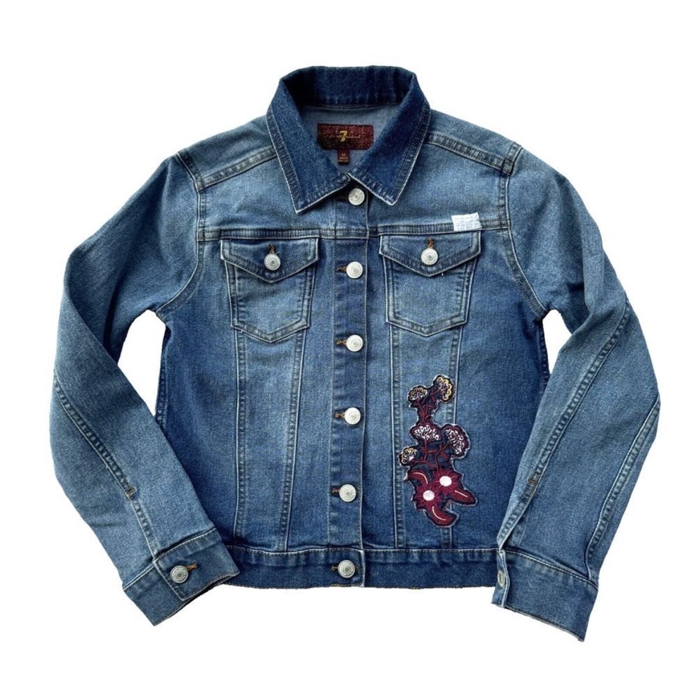 7 For All Mankind Girl Jean Button Up Embroidered Flower Patch Jacket.  Size M